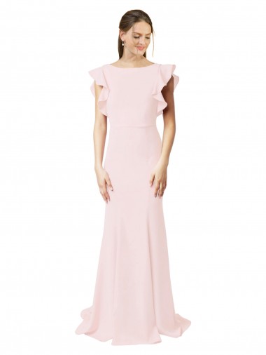 Low V-Back Long Mermaid Crepe Prom Dress with Ruffled Sleeves Clearance