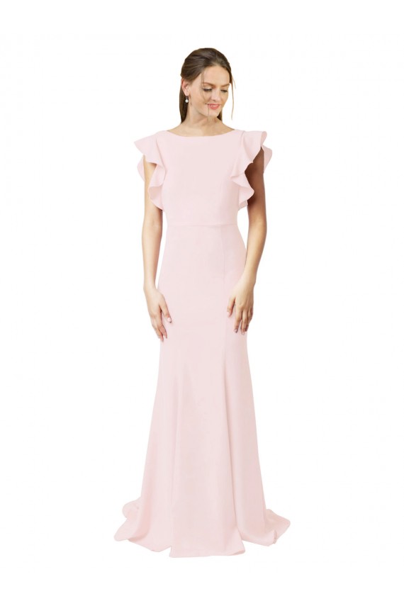 Low V-Back Long Mermaid Crepe Prom Dress with Ruffled Sleeves Clearance