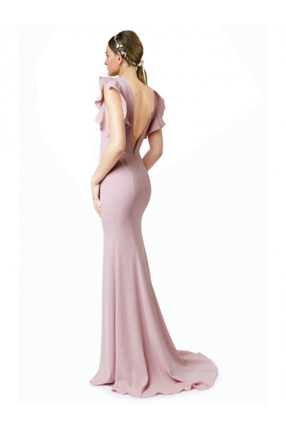 Low V-Back Long Mermaid Crepe Prom Dress with Ruffled Sleeves Clearance