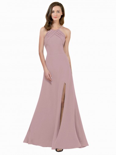 High Neck Crepe Prom Dress with Pleats and Keyhole Back Clearance
