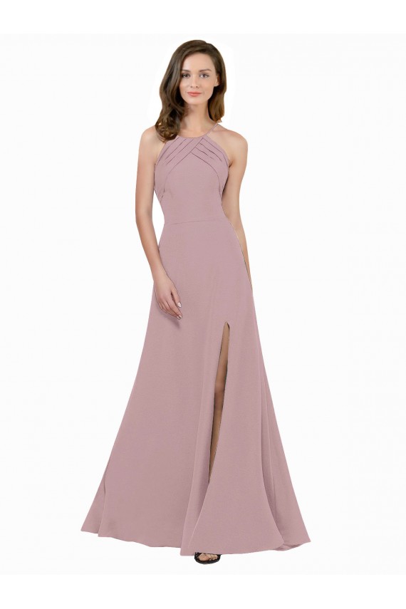High Neck Crepe Prom Dress with Pleats and Keyhole Back Clearance