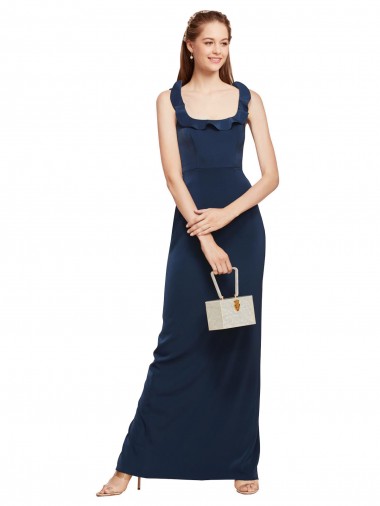Scoop Neck with Ruffles Long Crepe Prom Dress with Back Slit Clearance