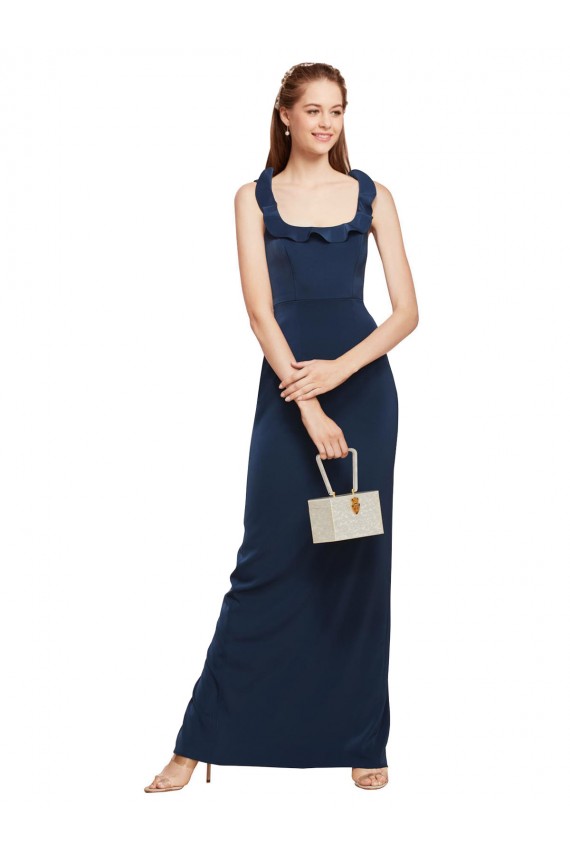 Scoop Neck with Ruffles Long Crepe Prom Dress with Back Slit Clearance
