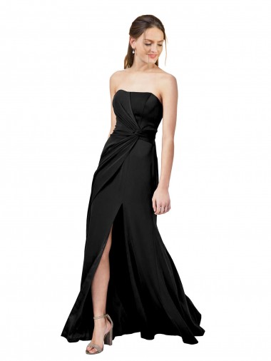 Strapless Fit and Flare Long Crepe Prom Dress with Knot and Slit Clearance
