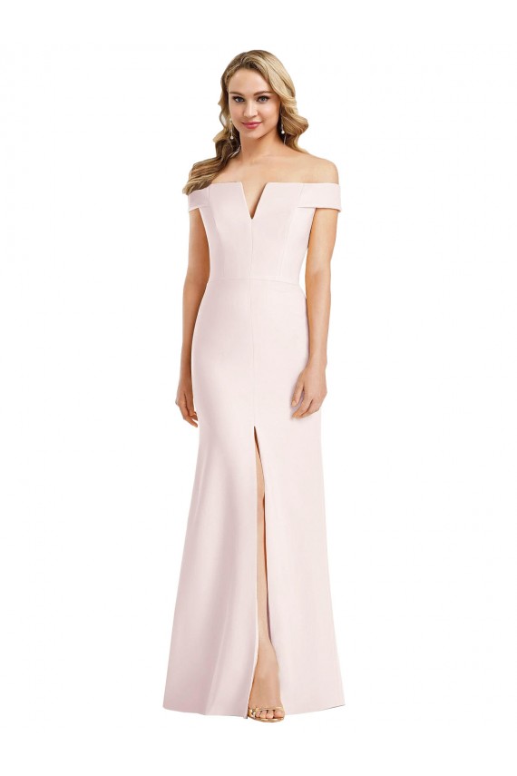 Off the Shoulder Notch Trumpet Crepe Prom Dress with Front Slit Clearance