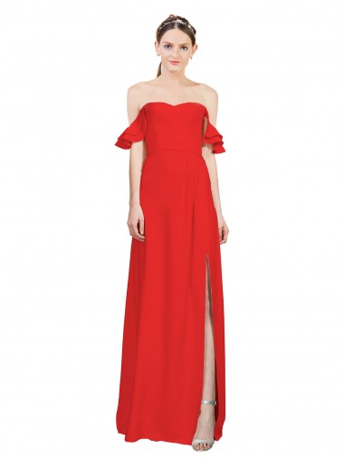 Double Ruffle Flounce Sleeves Crepe Prom Dress with Slit Clearance
