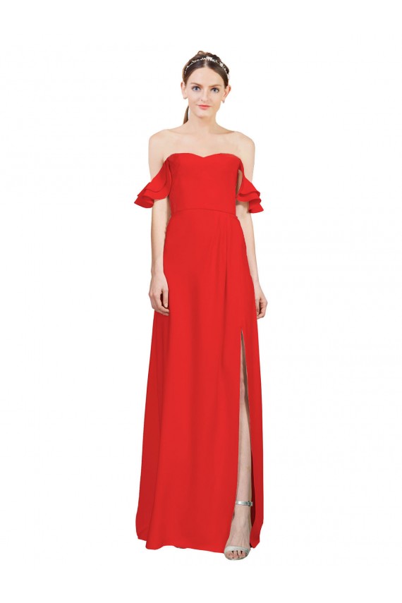 Double Ruffle Flounce Sleeves Crepe Prom Dress with Slit Clearance