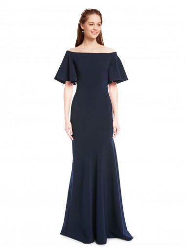 Off the Shoulder Crepe Prom Dress with Short Ruffle Sleeves. Clearance