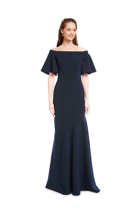 Off the Shoulder Crepe Prom Dress with Short Ruffle Sleeves. Clearance