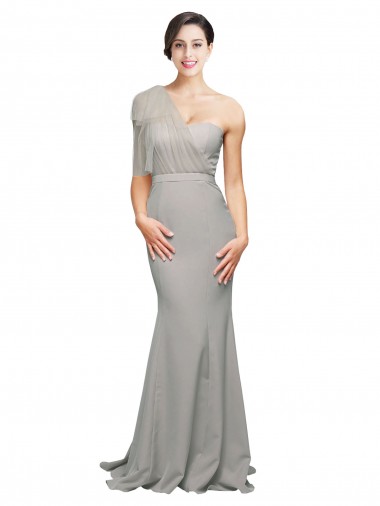 Long Sweep Train Sweetheart Crepe Prom Dress with Tulle One Shoulder Clearance