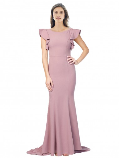 Flutter Sleeves Low V-Back High Round Neck Crepe Prom Dress Clearance