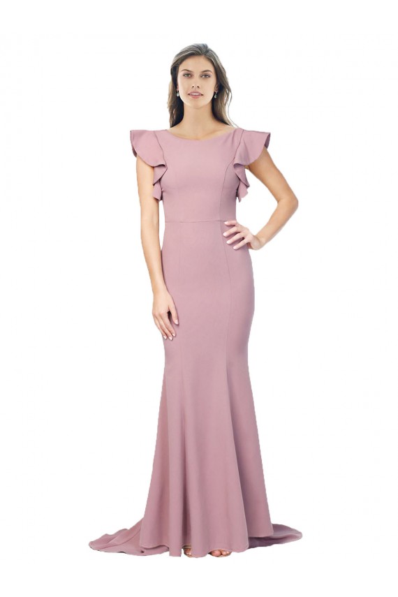 Flutter Sleeves Low V-Back High Round Neck Crepe Prom Dress Clearance