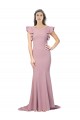 Flutter Sleeves Low V-Back High Round Neck Crepe Prom Dress Clearance
