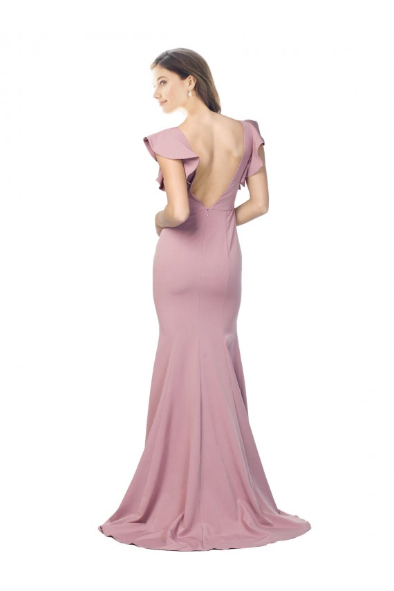 Flutter Sleeves Low V-Back High Round Neck Crepe Prom Dress Clearance