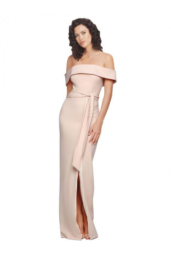 Off the Shoulder Long Crepe Prom Dress with Waist Tie and Slit Clearance