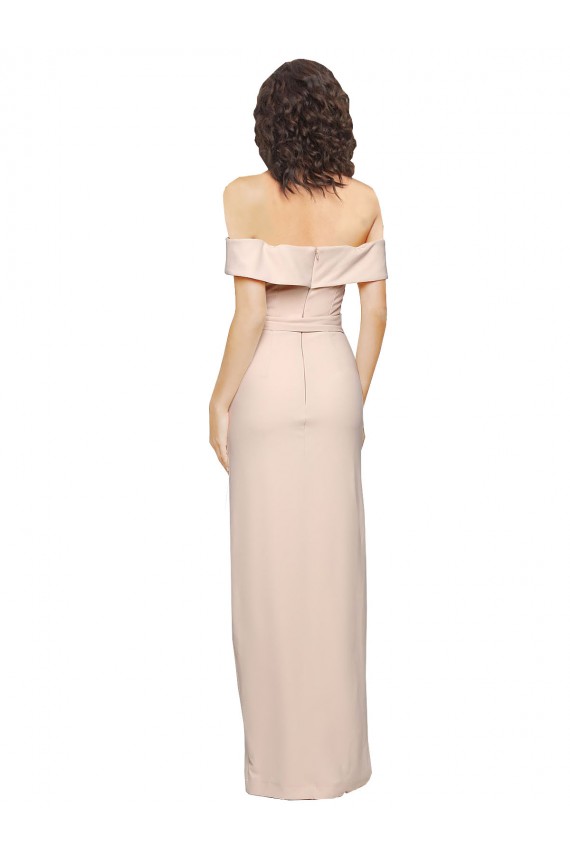 Off the Shoulder Long Crepe Prom Dress with Waist Tie and Slit Clearance