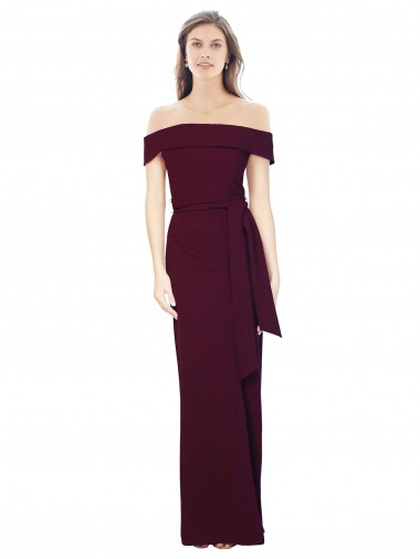 Off the Shoulder Long Crepe Prom Dress with Waist Tie Clearance