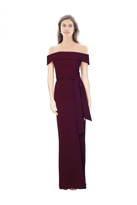 Off the Shoulder Long Crepe Prom Dress with Waist Tie Clearance