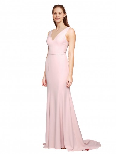Deep V-Neckline and Back Long Sweep Train Crepe Prom Dress with Shoulder Straps Clearance