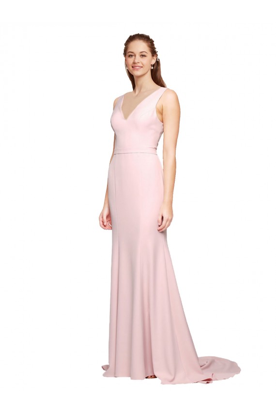 Deep V-Neckline and Back Long Sweep Train Crepe Prom Dress with Shoulder Straps Clearance