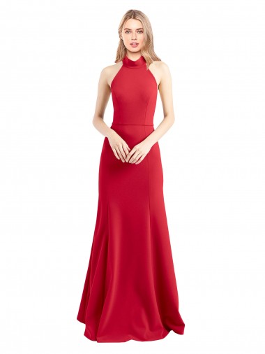 Sleek Fit and Flare High Neck Halter Stretch Crepe Prom Dress with Open Back Clearance