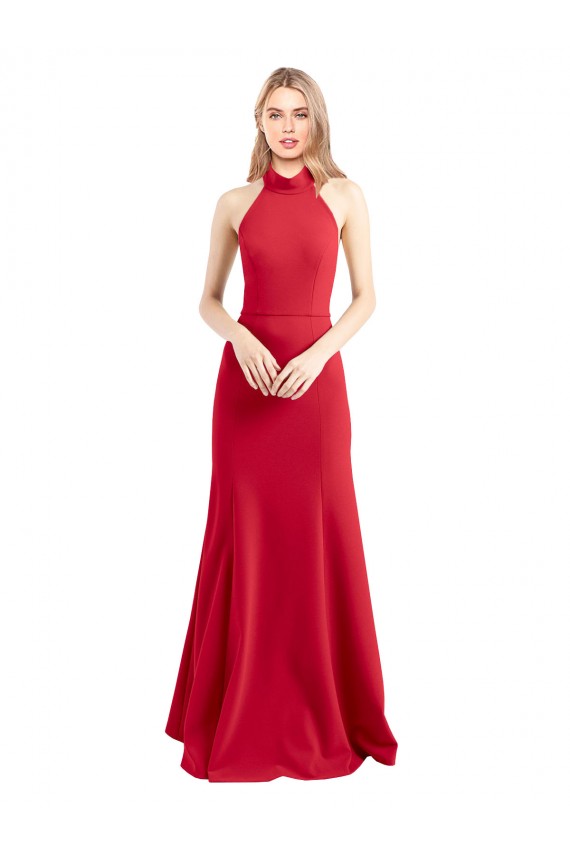 Sleek Fit and Flare High Neck Halter Stretch Crepe Prom Dress with Open Back Clearance