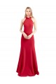 Sleek Fit and Flare High Neck Halter Stretch Crepe Prom Dress with Open Back Clearance