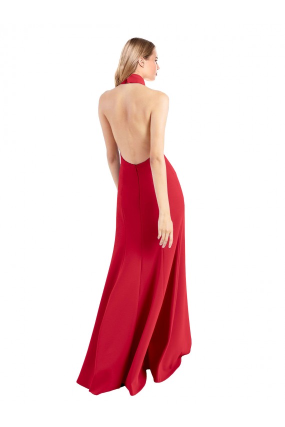 Sleek Fit and Flare High Neck Halter Stretch Crepe Prom Dress with Open Back Clearance