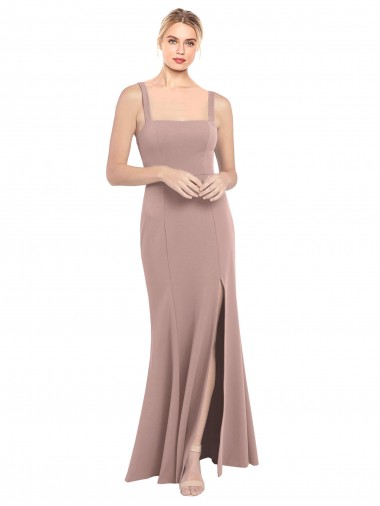 Square Neck Fit and Flare Long Stretch Crepe Prom Dress with Side Slit Clearance