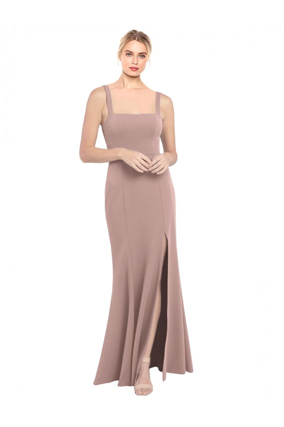 Square Neck Fit and Flare Long Stretch Crepe Prom Dress with Side Slit Clearance