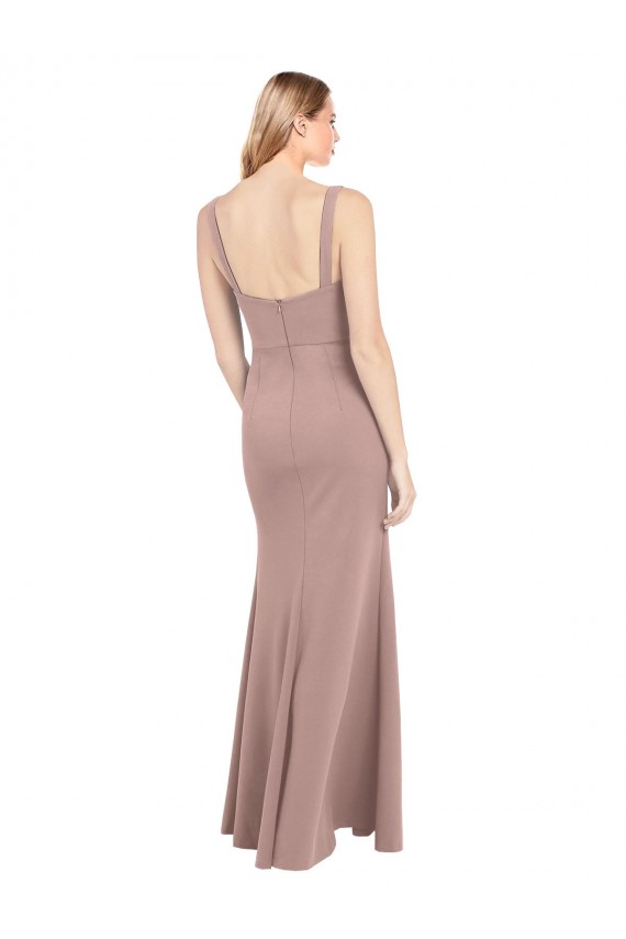 Square Neck Fit and Flare Long Stretch Crepe Prom Dress with Side Slit Clearance