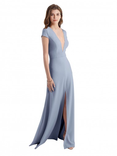 Plunging V-Neck Cap Sleeves Stretch Crepe Prom Dress with Front Slit Clearance