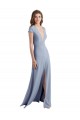 Plunging V-Neck Cap Sleeves Stretch Crepe Prom Dress with Front Slit Clearance
