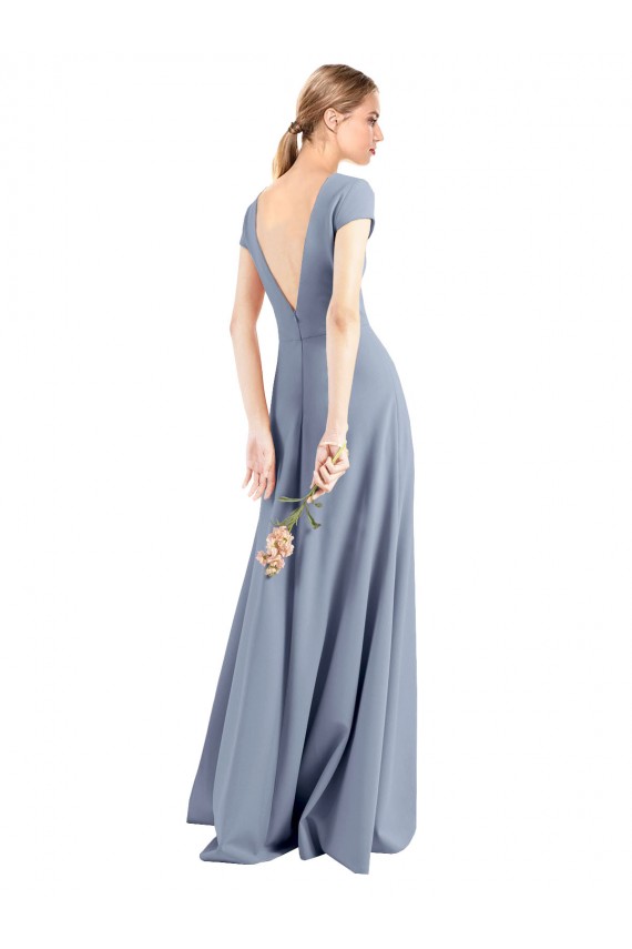 Plunging V-Neck Cap Sleeves Stretch Crepe Prom Dress with Front Slit Clearance