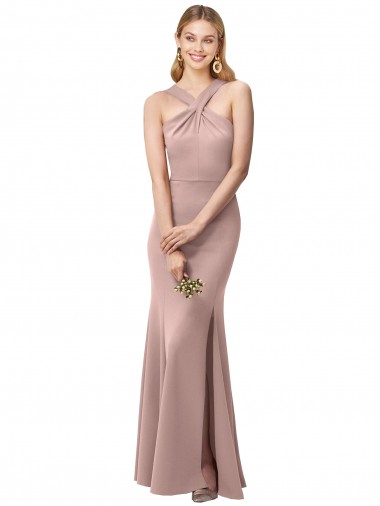 Long Floor Length High Neck Fit and Flare Stretch Crepe Prom Dress with Side Slit Clearance
