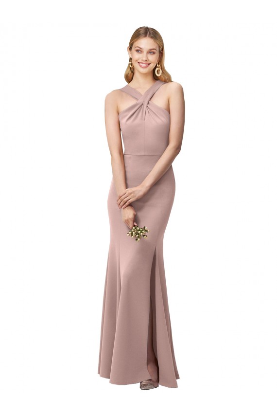 Long Floor Length High Neck Fit and Flare Stretch Crepe Prom Dress with Side Slit Clearance
