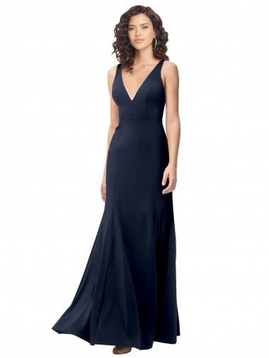 Classic V-Neck Long Stretch Crepe Prom Dress with V-Back Clearance