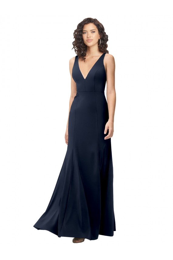 Classic V-Neck Long Stretch Crepe Prom Dress with V-Back Clearance