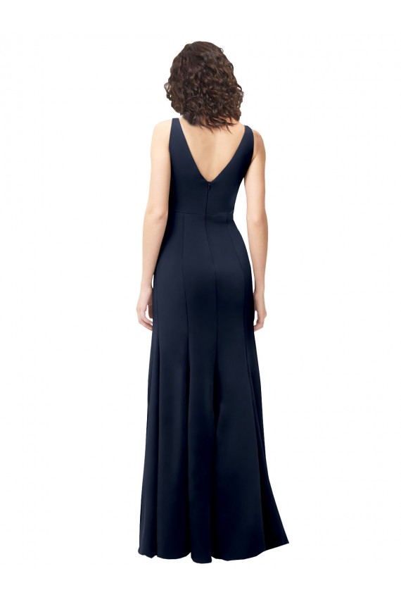 Classic V-Neck Long Stretch Crepe Prom Dress with V-Back Clearance
