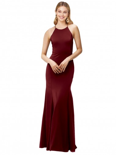 Fit and Flare Halter Neckline Stretch Crepe Prom Dress with Strappy Back Clearance