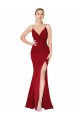 Spaghetti Straps V-Neck Long Crepe Dress with High Slit Clearance