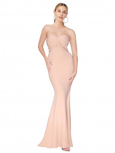Sweetheart Shirred Neck Long Floor Length Crepe Prom Dress Clearance
