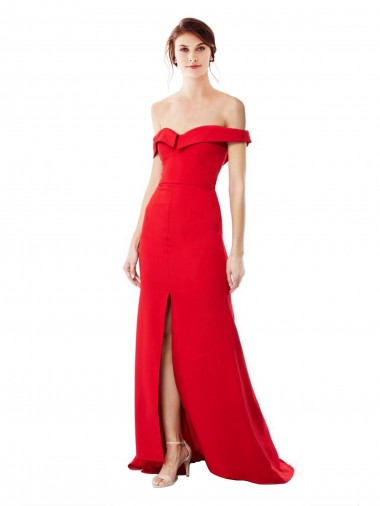 Off the Shoulder Chapel Train Crepe Prom Dress with Thigh-High slit Clearance