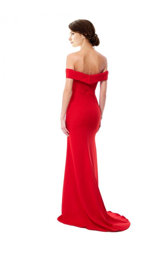 Off the Shoulder Chapel Train Crepe Prom Dress with Thigh-High slit Clearance