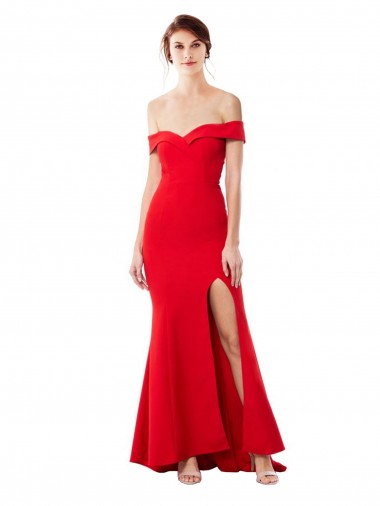 Off the Shoulder Sweetheart Maxi Crepe Prom Dress With Thigh Split and Train Clearance