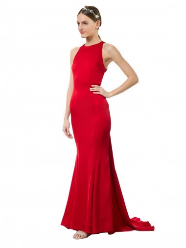 High Neck Mermaid Open Back Crepe Maxi Prom Dress with Train Detail Clearance
