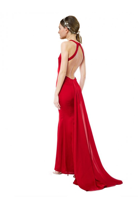 High Neck Mermaid Open Back Crepe Maxi Prom Dress with Train Detail Clearance