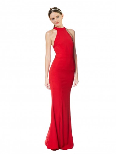 Halter Neck Keyhole Back Sleeveless Crepe Maxi Prom Dress Clearance