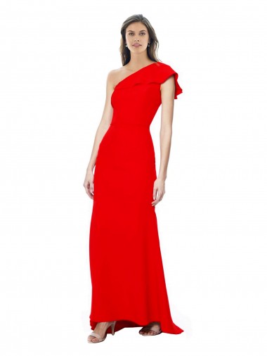 High Neck Ruffle Frill One Shoulder Maxi Crepe Prom Dress Clearance
