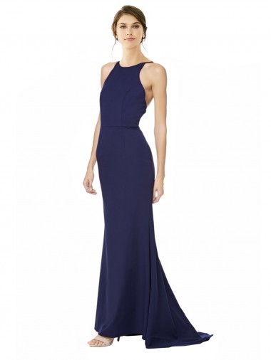 Fishtail High Neck Maxi Crepe Bridesmiad Dress with Strappy Back Detail Clearance